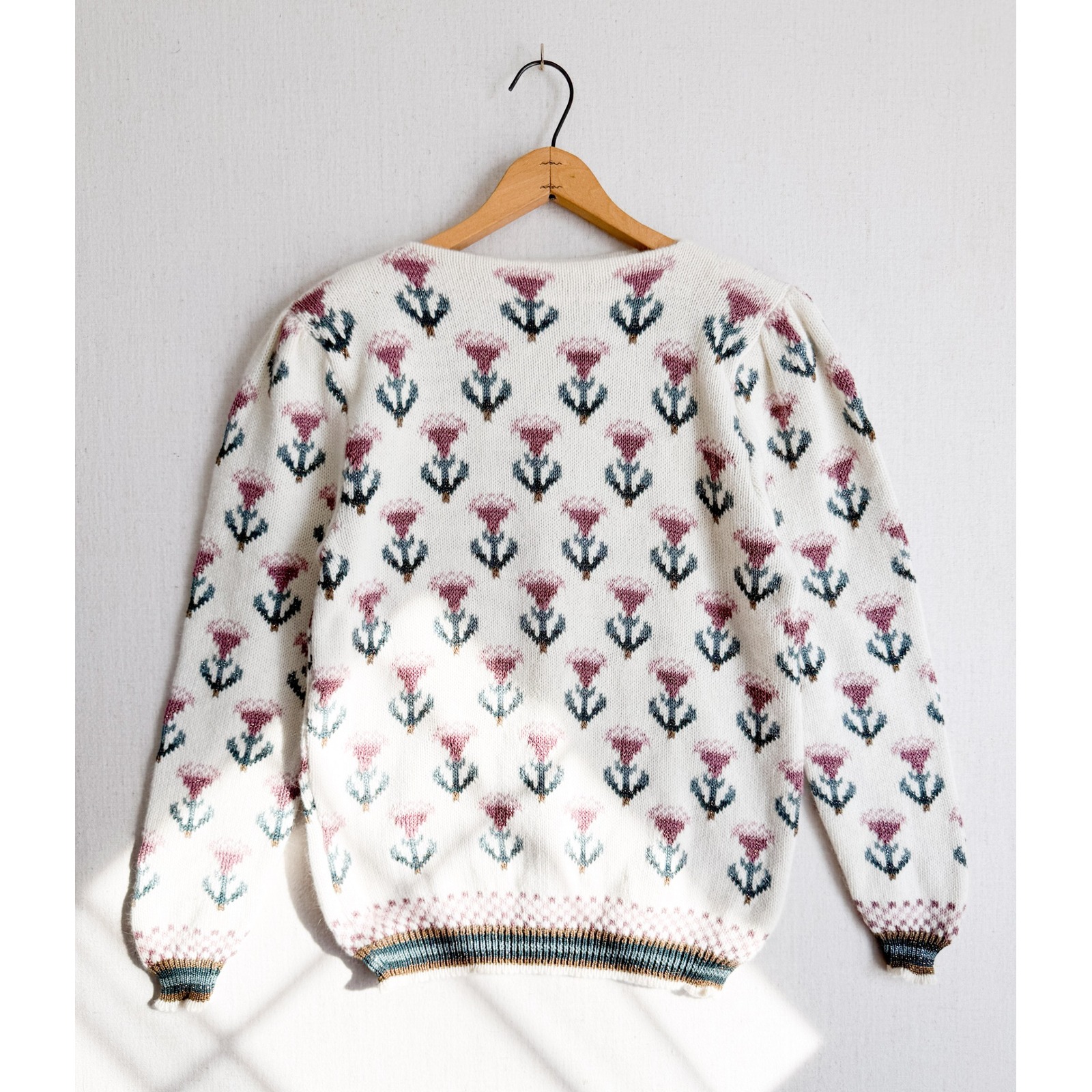 Cullinane Vintage Floral Thistle Sweater Cream Pink Teal Puff Sleeve Cottagecore